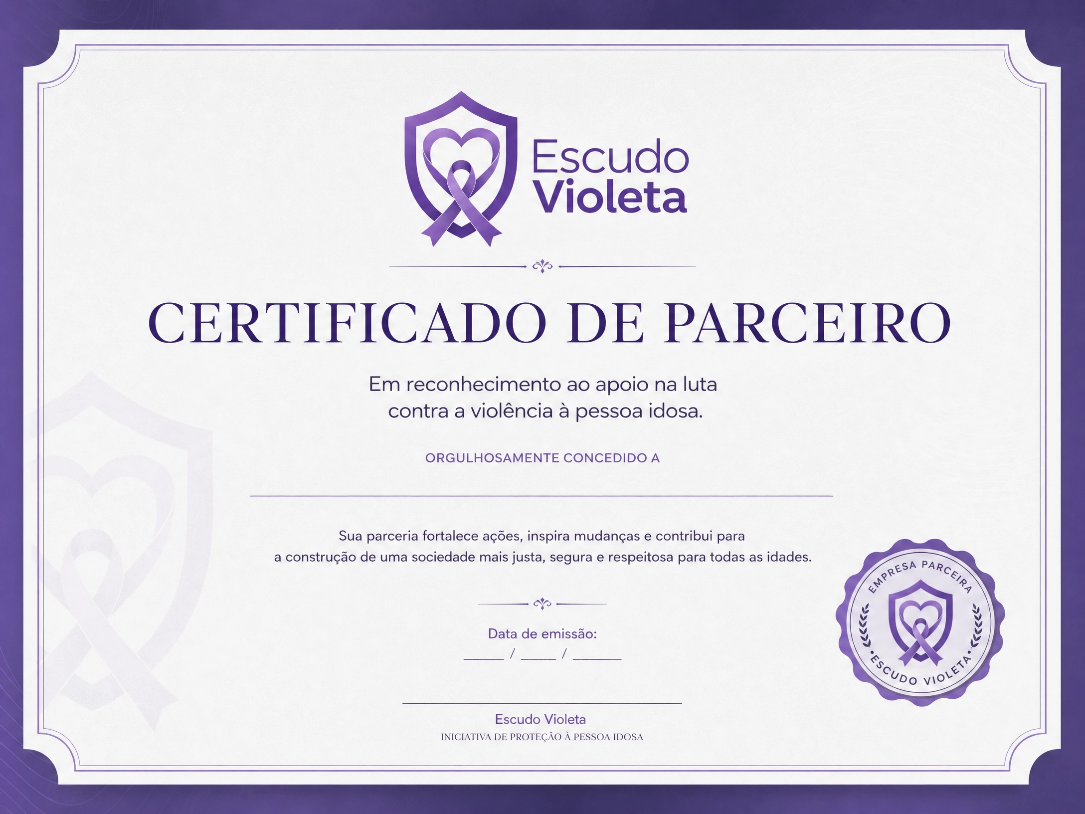 Modelo visual do certificado Escudo Violeta
